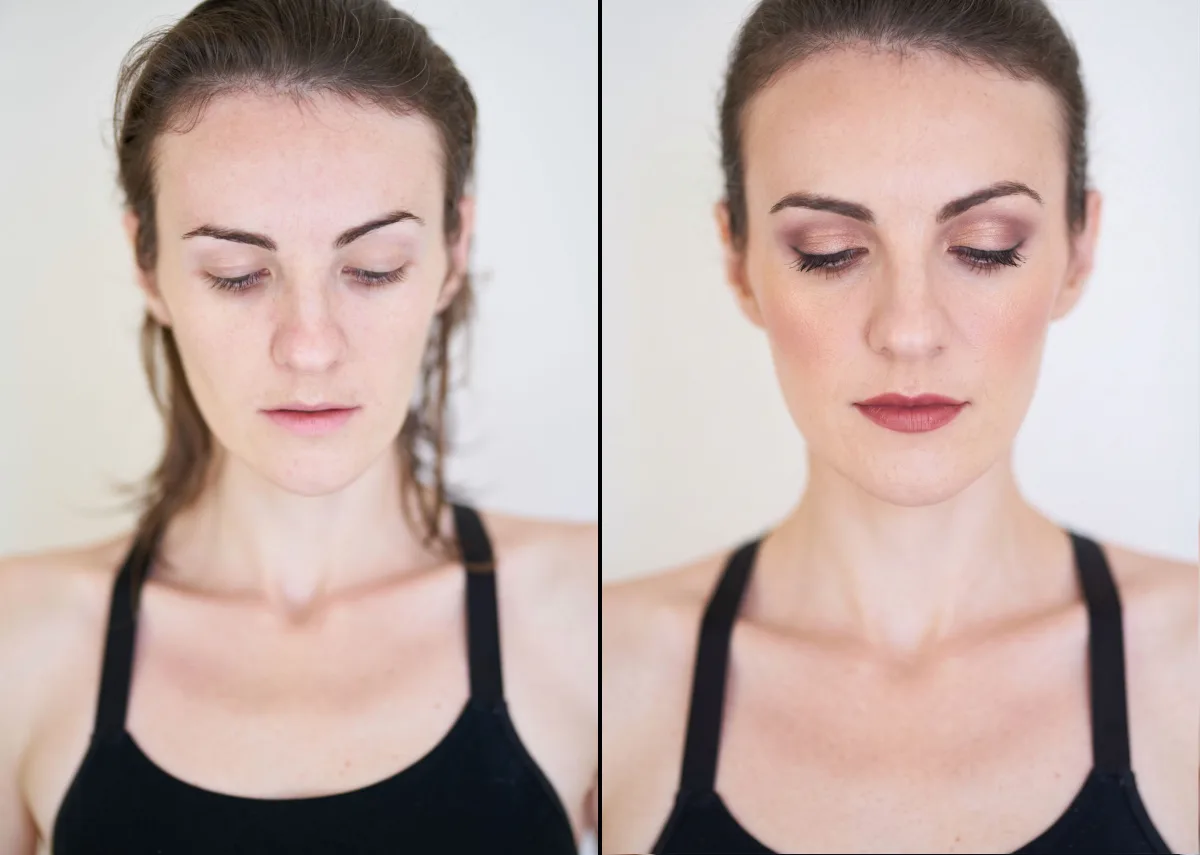 Side-by-side export: the same person before and after makeup, both frames matched for pose, distance and framing.