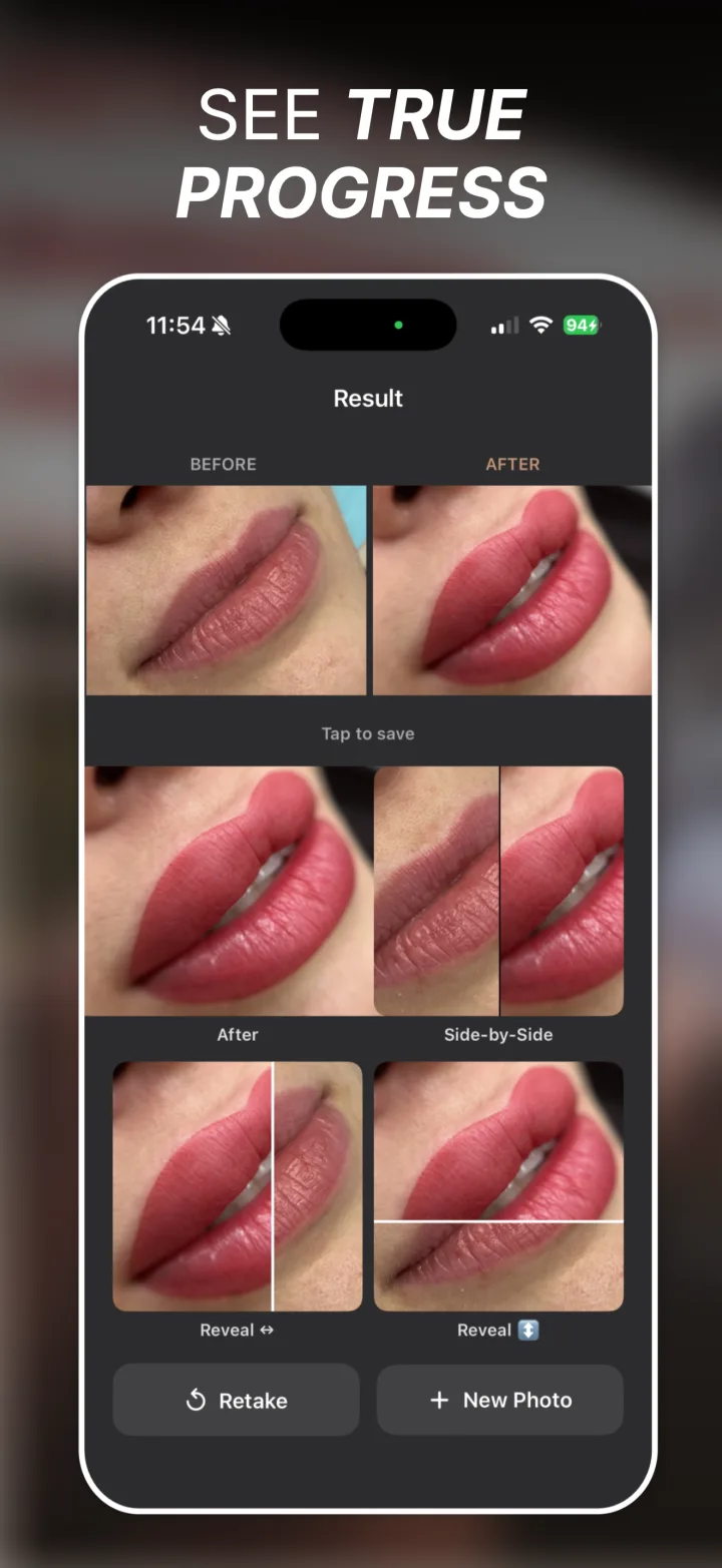 Pose Perfect Pro result screen showing the before and after photos side by side above four export tiles: After, Side-by-Side, and two reveal video options.