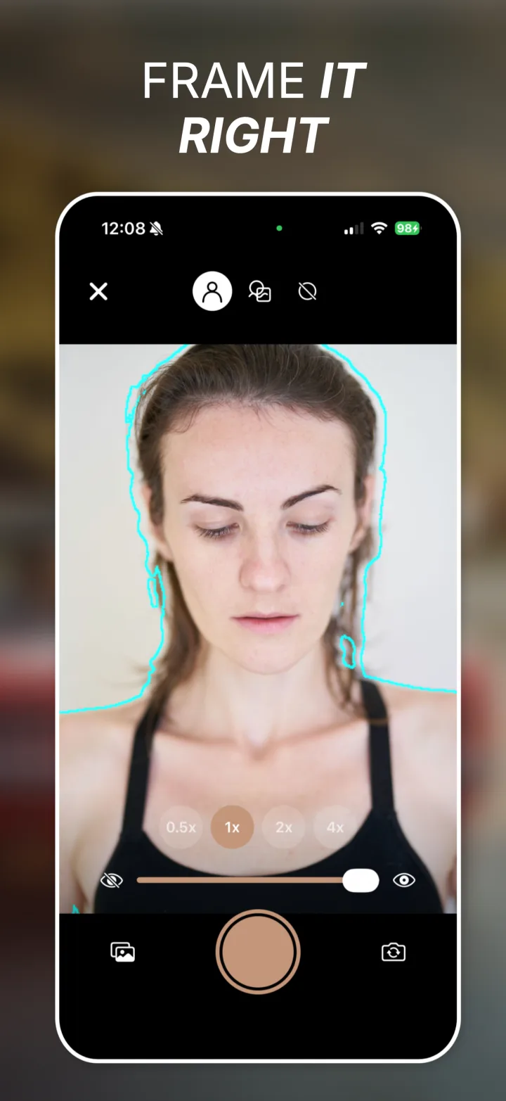 Camera screen showing a person outlined as a cyan silhouette over the live viewfinder, with lens options and opacity control.