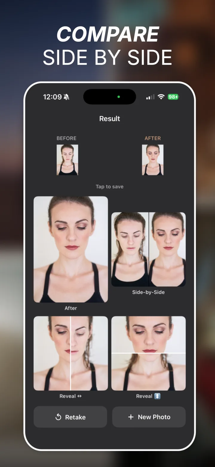 Result screen comparing a before and after portrait, showing the generated side-by-side composite and reveal video thumbnails.